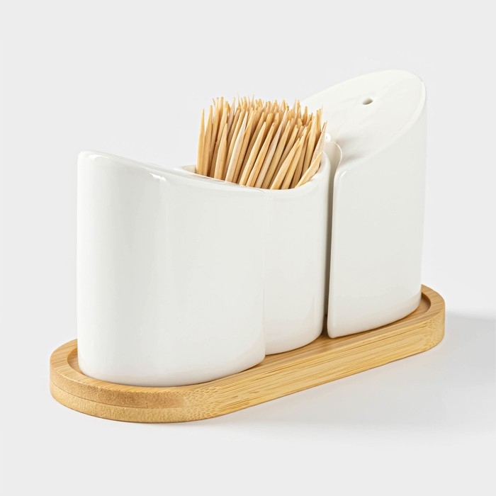 Набор для специй на деревянной подставке BellaTenero, 3 предмета: солонка 60 мл, перечница 60 мл, ёмкость для зубочисток, цвет белый Набор для специй на деревянной подставке BellaTenero, 3 предмета: солонка 60 мл, перечница 60 мл, ёмкость для зубочисток, цвет белый