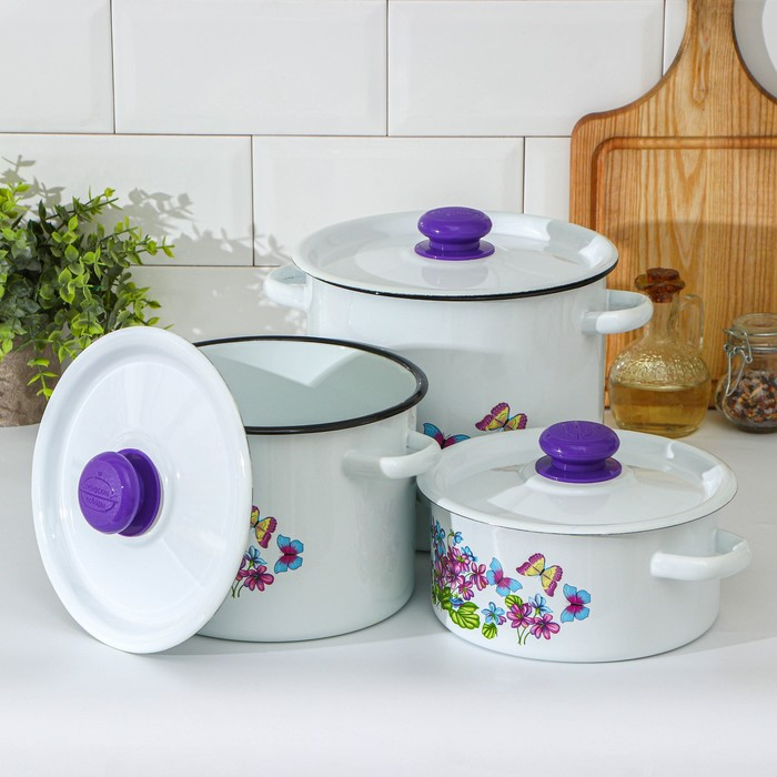 Набор кастрюль «Фиалка», 3 предмета: 2 л, 3.5 л, 5.5 л, эмалированные крышки, индукция, цвет МИКС Набор кастрюль «Фиалка», 3 предмета: 2 л, 3.5 л, 5.5 л, эмалированные крышки, индукция, цвет МИКС
