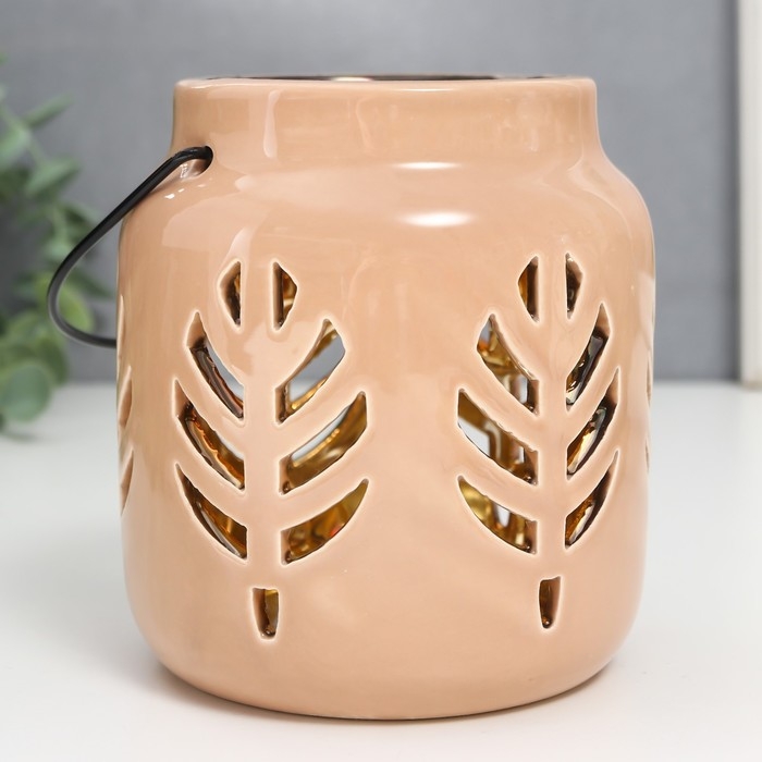 Подсвечник керамика на 1 свечу Подсвечник керамика на 1 свечу "Фонарь. Листья" внутри золото МИКС 11,5х9,5х9,5 см