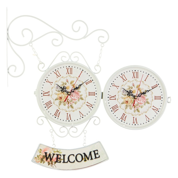 Часы настенные двусторонние, на подвесе Часы настенные двусторонние, на подвесе "WELCOME", d-23 см, 47 х 31 см, 2 АА, белые