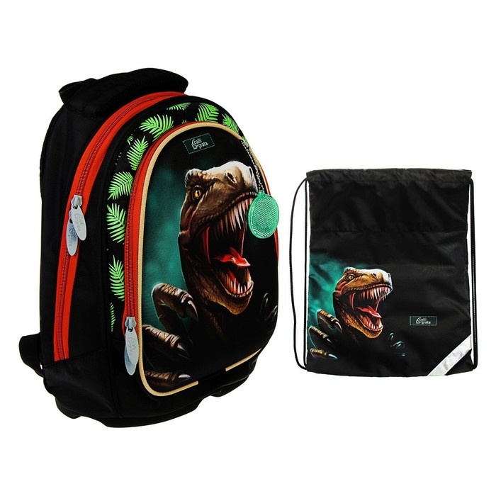 Рюкзак каркасный школьный, 39 х 28 х 18 см, + мешок для обуви, Calligrata П Рюкзак каркасный школьный, 39 х 28 х 18 см, + мешок для обуви, Calligrata П "Крутой дино", зелёный