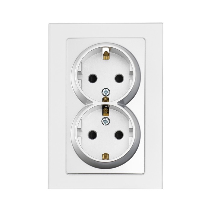 Розетка двухместная TOT Glossy Glass, 16 А, скрытая, с з/к, стекло, серебристая Розетка двухместная TOT Glossy Glass, 16 А, скрытая, с з/к, стекло, серебристая