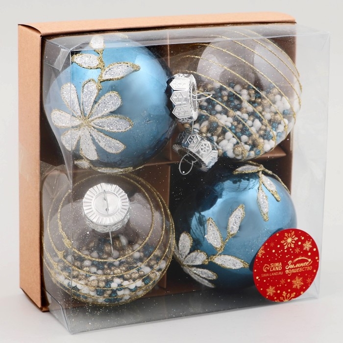 Набор шаров пластик d-8 см, 4 шт Набор шаров пластик d-8 см, 4 шт "Вивьен" бело-синий