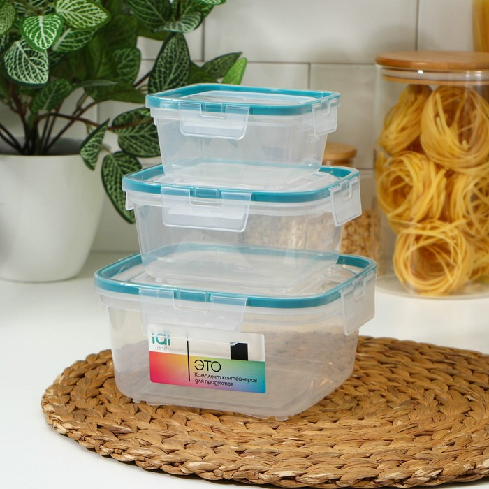 Набор контейнеров для продуктов с защёлкой, герметичная крышка, 3 шт: 400 мл, 800 мл, 1,5 л, прозрачные, крышка голубая Набор контейнеров для продуктов с защёлкой, герметичная крышка, 3 шт: 400 мл, 800 мл, 1,5 л, прозрачные, крышка голубая