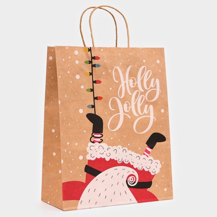 Новый год. Пакет бумажный подарочный новогодний крафт Новый год. Пакет бумажный подарочный новогодний крафт "Гирлянда", 33 × 26 × 12 см.