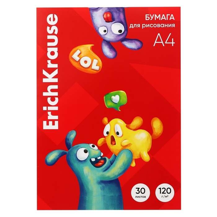 Бумага для рисования А4, 30 листов, ErichKrause Jolly Friends, блок 120 г/м², 100% белизна, картонная папка Бумага для рисования А4, 30 листов, ErichKrause Jolly Friends, блок 120 г/м², 100% белизна, картонная папка