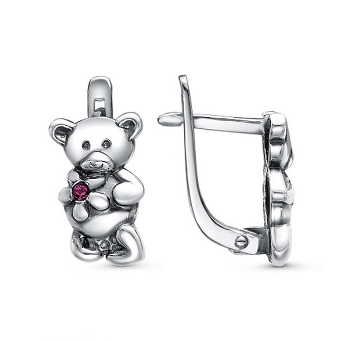 Серьги детские «Мишка» с цветком, посеребрение с оксидированием, цвет розовый Серьги детские «Мишка» с цветком, посеребрение с оксидированием, цвет розовый