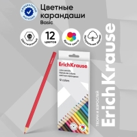 Карандаши 12 цветов ErichKrause Basic, дерево, шестигранные, 2.6 мм грифель, картонная упаковка, европодвес