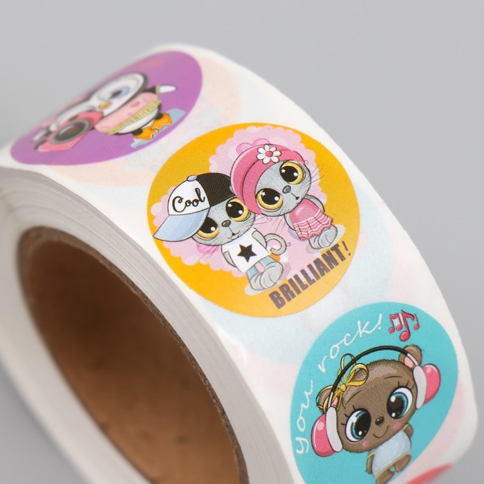 Наклейка бумага Наклейка бумага "Подбадривающие звери" d=2,5 см 500 шт в рулоне