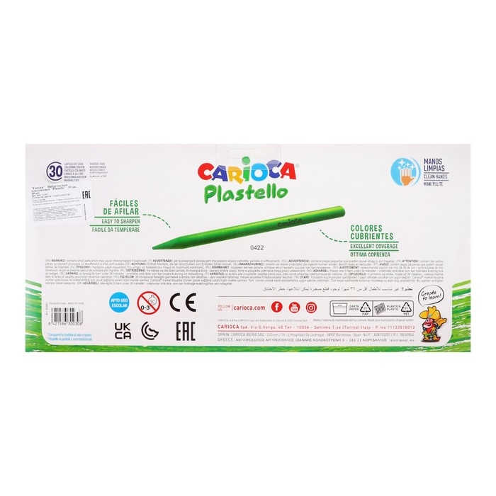 Мелки пластиковые 30 цветов, Carioca Мелки пластиковые 30 цветов, Carioca "Plastello", яркие цвета, экономичный расход, не пачкаются, круглые, в конверте