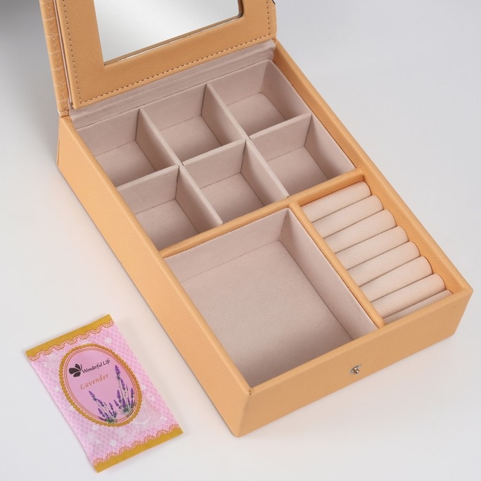 Шкатулка кожзам для украшений с зеркалом  Шкатулка кожзам для украшений с зеркалом "Котики" жёлтая 15х21,5х5,5 см