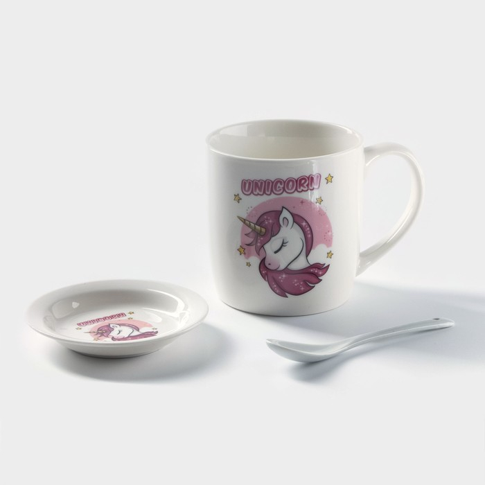 Кружка керамическая с подставкой и ложкой &laquo;Единорог в мечтах&raquo;, 330 мл, рисунок МИКС