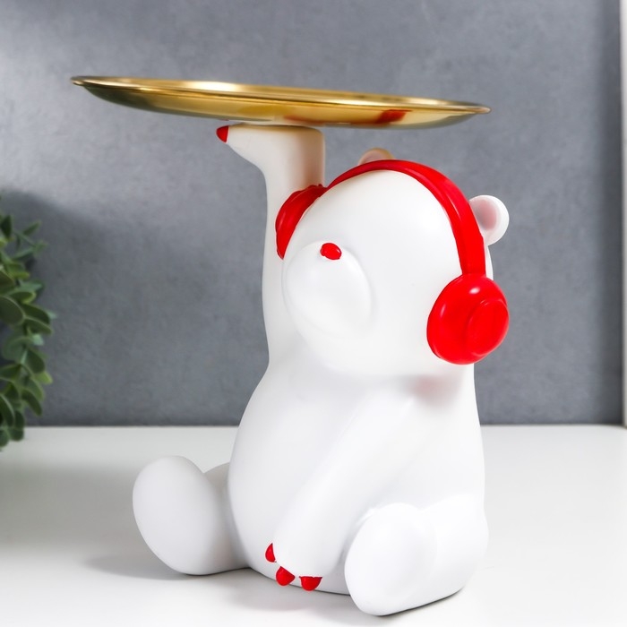 Сувенир полистоун подставка Сувенир полистоун подставка "Белый медвежонок в красных наушниках" d=17 см 18х12х15,5 см