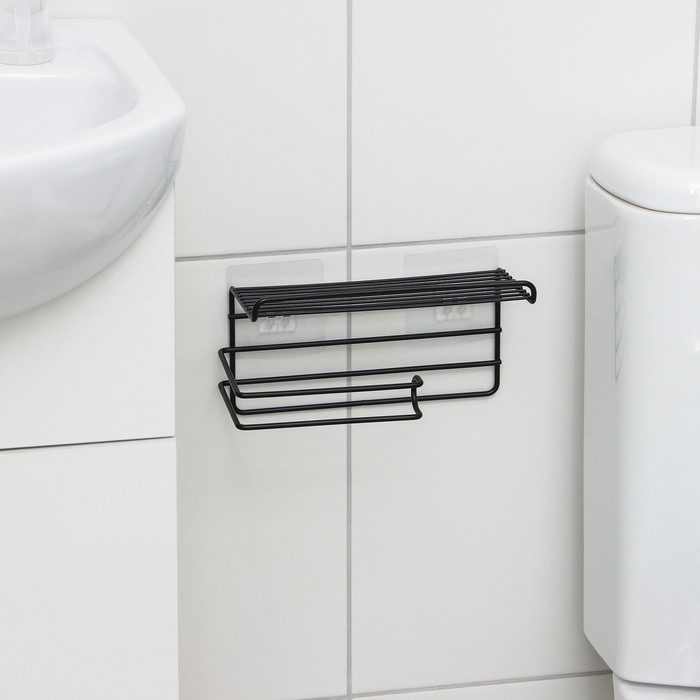 Полка на липучке Доляна, с держателем для полотенец, 19,5×9,5×8 см, цвет черный Полка на липучке Доляна, с держателем для полотенец, 19,5×9,5×8 см, цвет черный