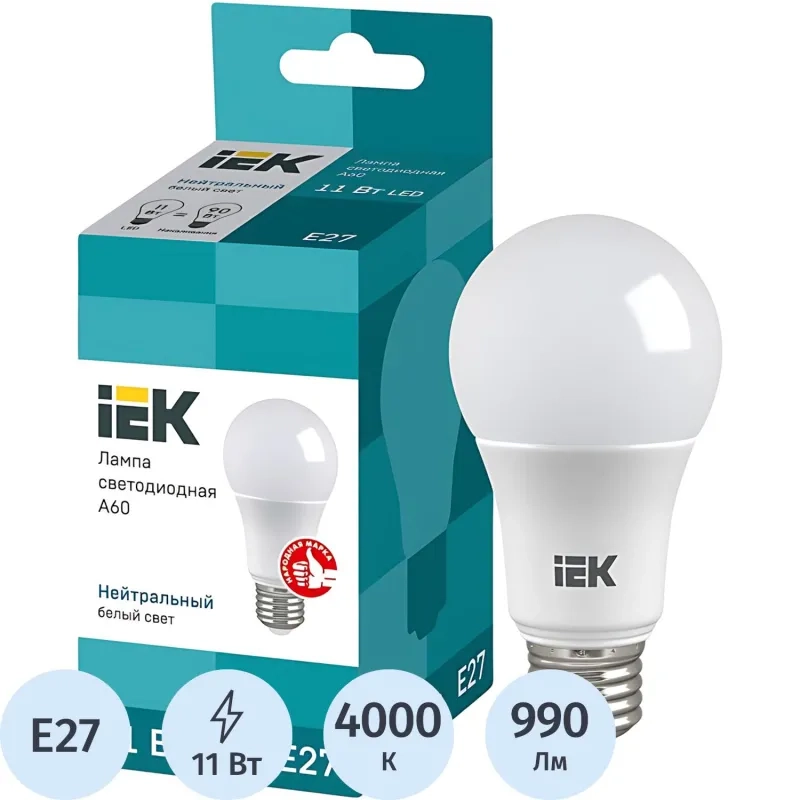Лампа светодиодная Eco 11Вт A60 4000К E27  IEK LLE-A60-11-230-40-E27