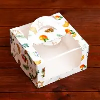 Коробка под бенто - торт с окном «Мандарины и звезды», 14×14×8 см, Новый год