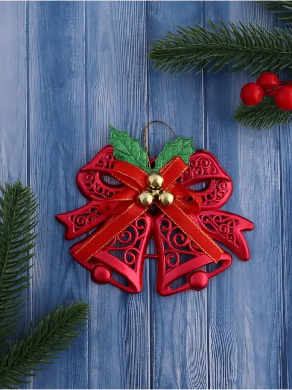 Ёлочная игрушка «Зимнее волшебство. Колокольчик двойной с шариками и лентой» пластик, 12,3х9,5 см, красный Ёлочная игрушка «Зимнее волшебство. Колокольчик двойной с шариками и лентой» пластик, 12,3х9,5 см, красный