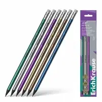 Набор чернографитных карандашей с ластиком 4 штуки ErichKrause JOY Metallic, HB, грифель d=2.2 мм, пластик, круглых в пакете, металлик микс