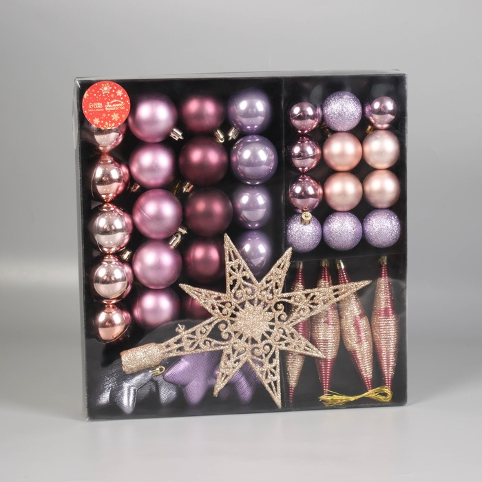 Набор украшений пластик с верхушкой 43 шт Набор украшений пластик с верхушкой 43 шт "Глория 1" (32 шара, 4 сосульки, 6 звёзд) микс