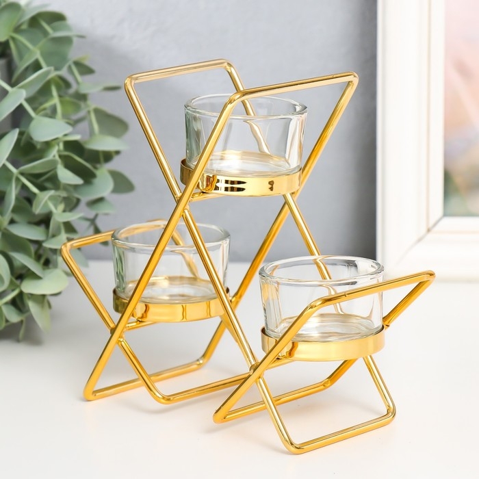 Подсвечник металл, стекло на 3 свечи Подсвечник металл, стекло на 3 свечи "Пересечения" d-4,5 см золото 14х6х16 см