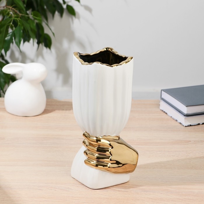 Керамическая ваза декоративная настольная «Дерк» полосы, для цветов, сухоцветов, d-9.5 см, h-24.5 см, золотисто-белый Керамическая ваза декоративная настольная «Дерк» полосы, для цветов, сухоцветов, d-9.5 см, h-24.5 см, золотисто-белый