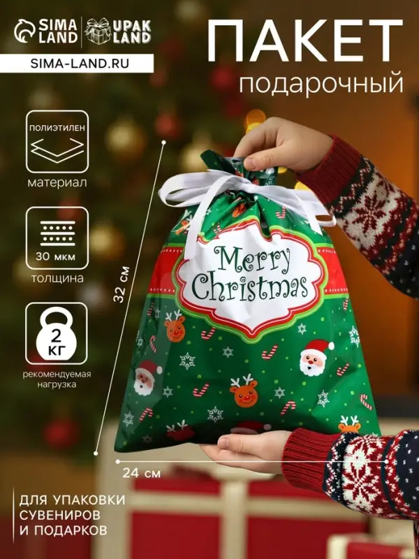 Пакет подарочный новогодний с завязками, &laquo;Счастливого рождества&raquo;, 24&times;32 см