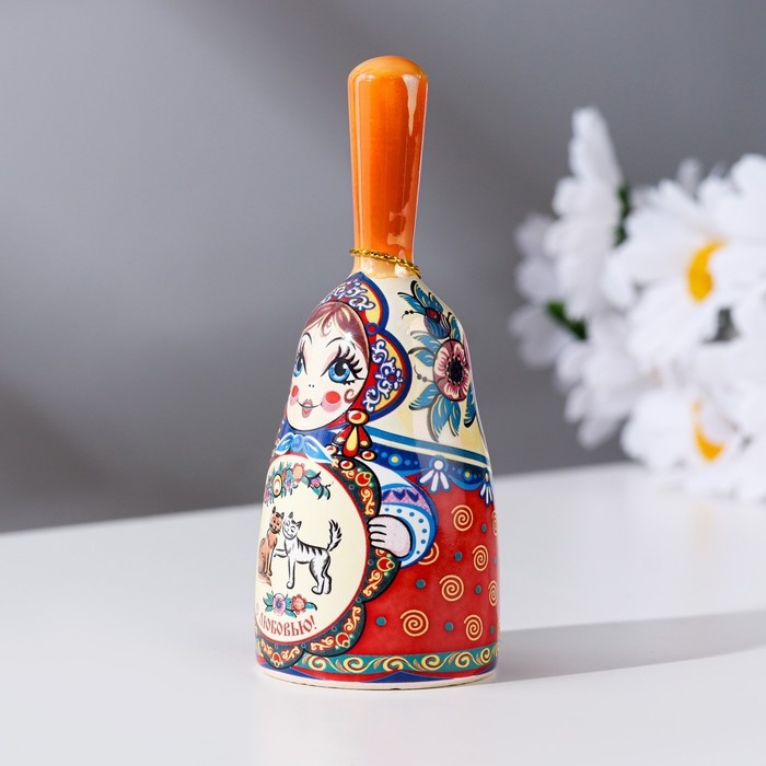 Колокольчик матрешка средняя с ручкой, кошки, микс  10 см Колокольчик матрешка средняя с ручкой, кошки, микс  10 см