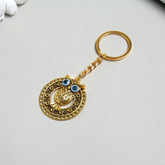 Брелок металл "Филин с глазками и ажурный круг" золото/серебро 3,8х3,8 см