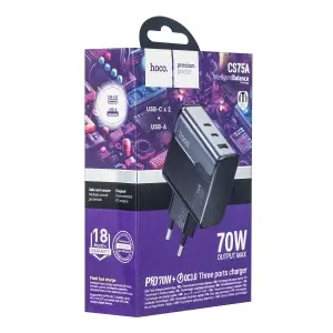Переходник сетевого зарядного устройства на 2 Type-C PD70W + USB QC3.0 CS75A HOCO черный