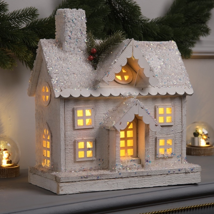 Фигура деревянная  Фигура деревянная "Изба белая", 30х15х34 см, 5 LED, батарейки AAx2 (не в комплекте), свечение теплое белое