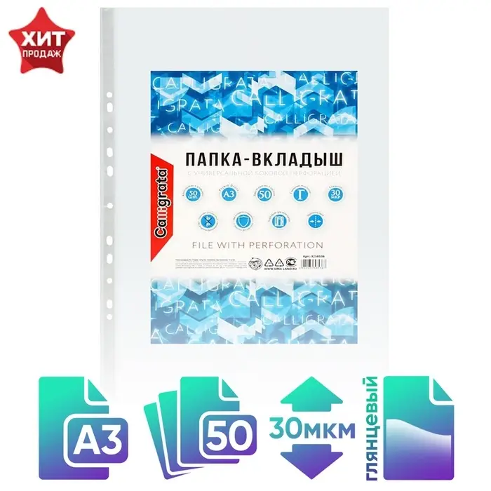 Файл - вкладыш Calligrata, А3, 30 мкм, глянцевый, вертикальный, 50 штук