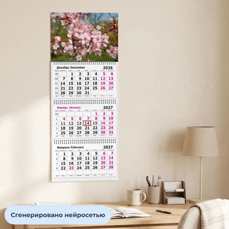 Календарь настенный 3-х блочный 2027 Attache Цветы 305х675мм