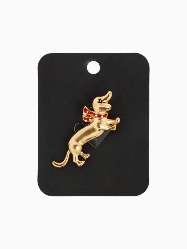 Брошь &laquo;Собака Такса с бантом&raquo;, красная в золоте