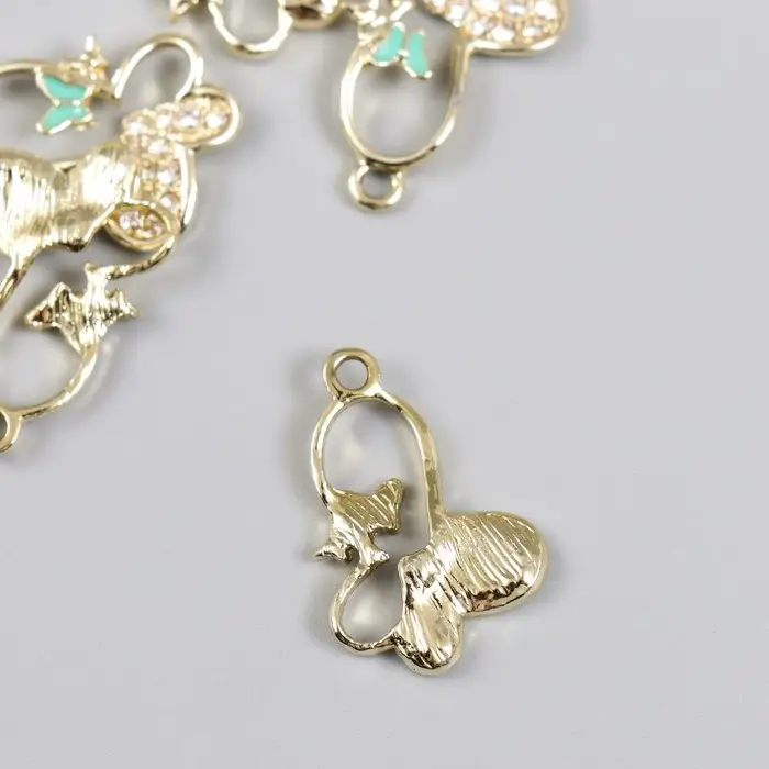 Декор для творчества металл, эмаль, стразы "Бабочка с бабочкой" золото 1,7х2,5 см