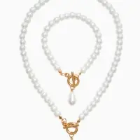 Набор 2 пред-та: бусы.браслет "Жемчуг", капелька, цвет белый в золоте L=18/42см №8