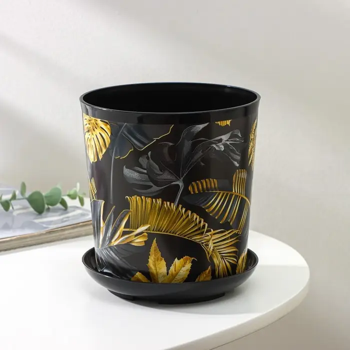 Горшок для цветов с поддоном Доляна &laquo;Голди.Тропики&raquo;, 1,6 л, d=14 см, h=15,5 см, пластиковый, цвет чёрный