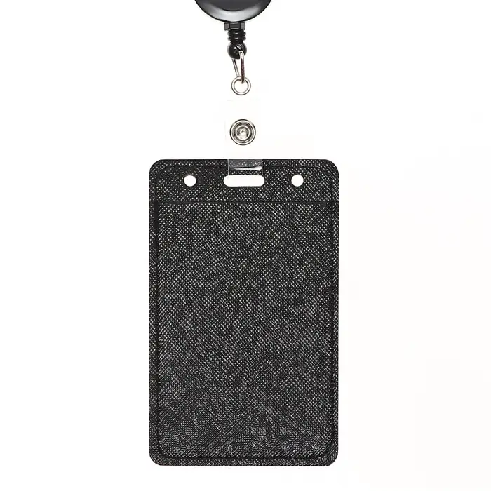 Бейдж - карман вертикальный кожзам, внешний размер 110&times;68 мм, внутренний размер 85&times;54 мм, рулетка 60 см, чёрный
