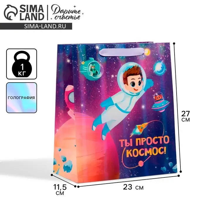 Пакет подарочный ламинированный, упаковка, «Ты просто космос», радужная голография, ML 23 х 27 х 11.5 см