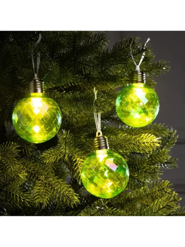 Набор ёлочных шаров &laquo;Акценты зелёного&raquo;, 3 шт., d=7 см, 3 LED, от батареек AG13&times;9, свечение тёплое белое