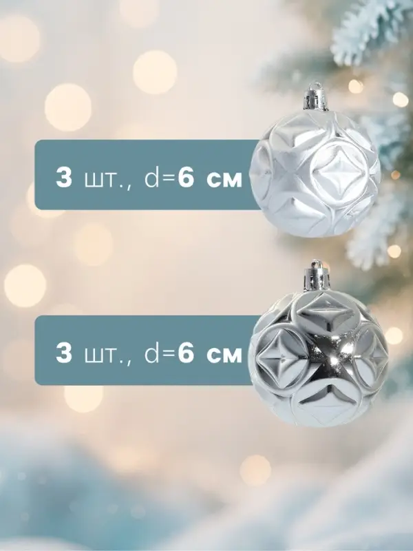 Ёлочные игрушки &laquo;Мидас - геометрия&raquo;, шары новогодние, d=6 см, набор 6 шт., серебро
