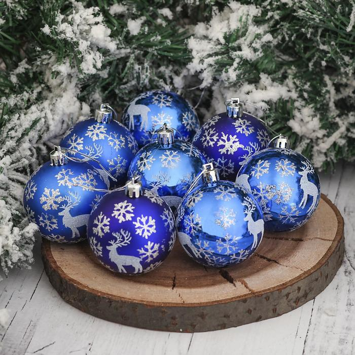 Набор шаров пластик d-6 см, 8 шт Набор шаров пластик d-6 см, 8 шт "Северный олень" синий