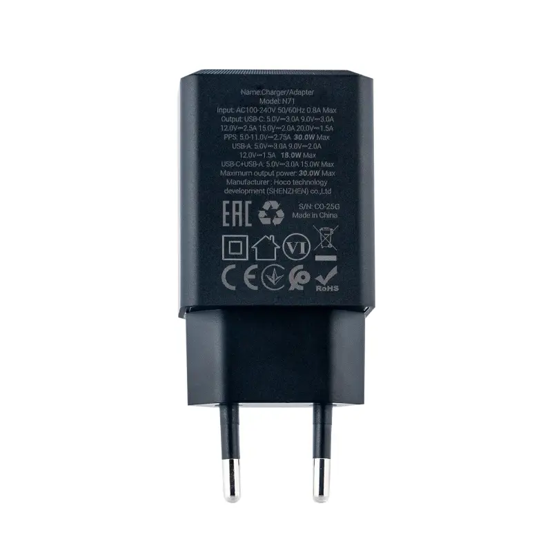 Сетевое зарядное устройство с кабелем Type-C на Type-C PD30W + USB QC3.0 N71 HOCO черное