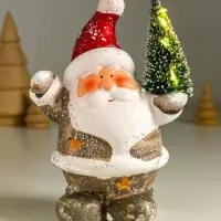 Сувенир керамика свет "Дед Мороз в серебристой шубке с ёлочкой" 9,5х7,5х14,5 см