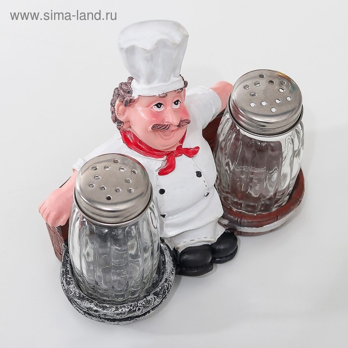 Набор для специй из стекла на подставке &laquo;Повар на диване&raquo;, 3 предмета: солонка 50 мл, перечница 50 мл, подставка, фигурка МИКС