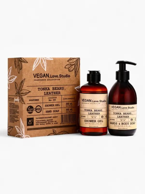 Набор женский VEGAN.Love.Studio   Набор женский VEGAN.Love.Studio  "Tonka Beans, Leather": гель для душа 300 мл + мыло для рук 300 мл