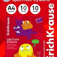 Бумага цветная А4 ErichKrause Jolly Friends, 10 листов, 10 цветов, односторонняя, мелованная, на клею