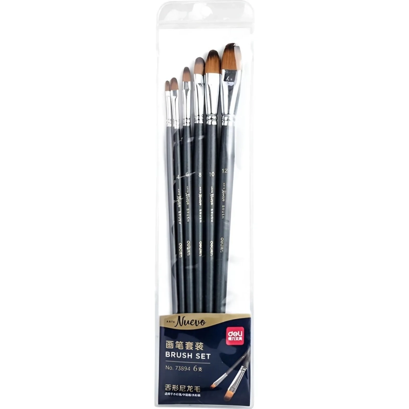 Набор кистей худож.DELI 73894 нейлон плоскоовал,ср.жестк,корот.ручк,6шт/наб