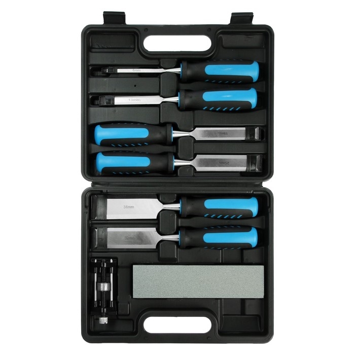 Набор стамесок ТУНДРА, 2К рукоятки, 45 сталь, 6 - 38 мм, с набором для заточки, кейс, 6 шт.   960445 Набор стамесок ТУНДРА, 2К рукоятки, 45 сталь, 6 - 38 мм, с набором для заточки, кейс, 6 шт.   960445