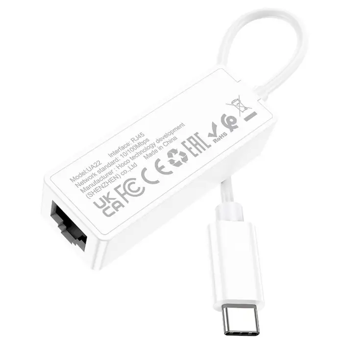 Адаптер Hoco UA22, Type-C - ethernet (100 Мб), 15 см, белый