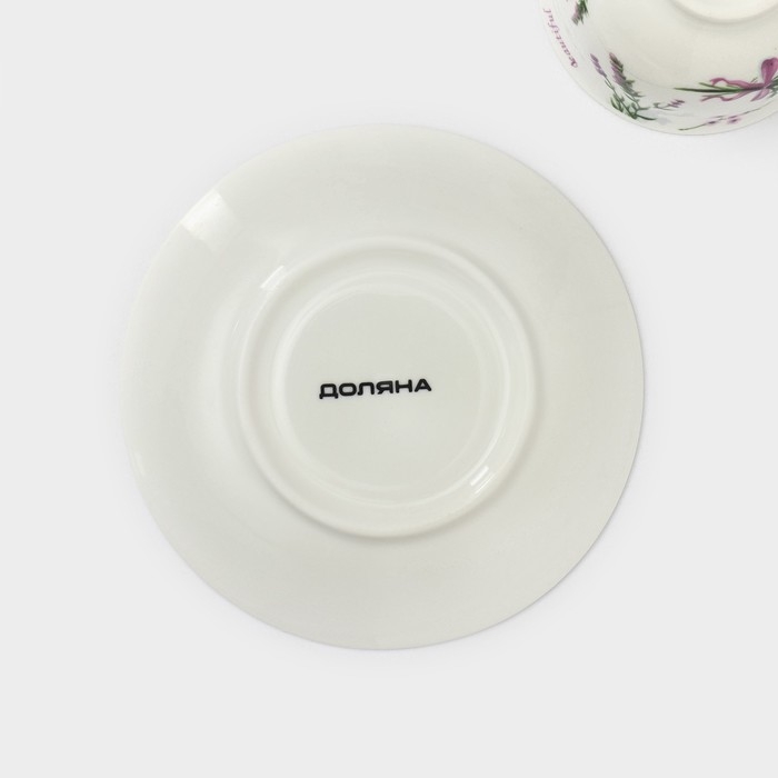 Кофейная пара фарфоровая Доляна «Лаванда», 2 предмета: чашка 80 мл, блюдце d=11,4 см, цвет белый